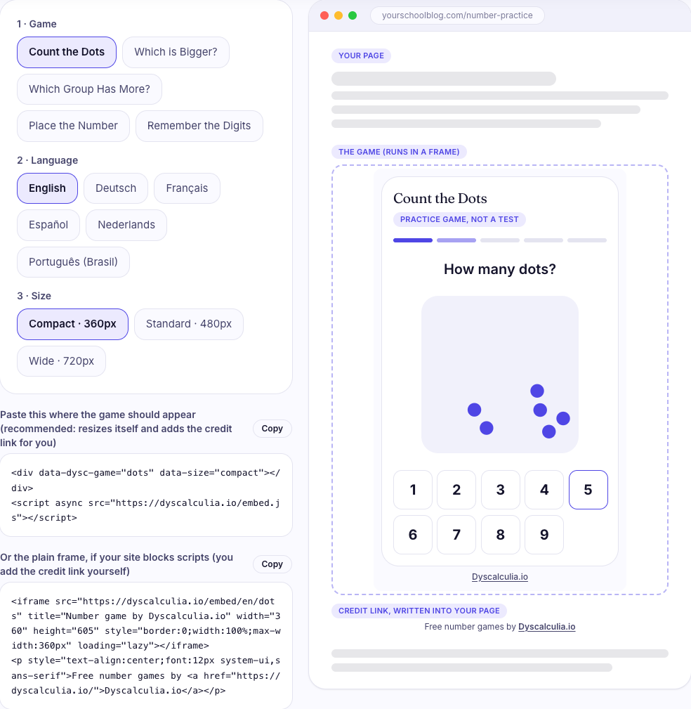 A number game running inside a sample web page, with the credit link under it